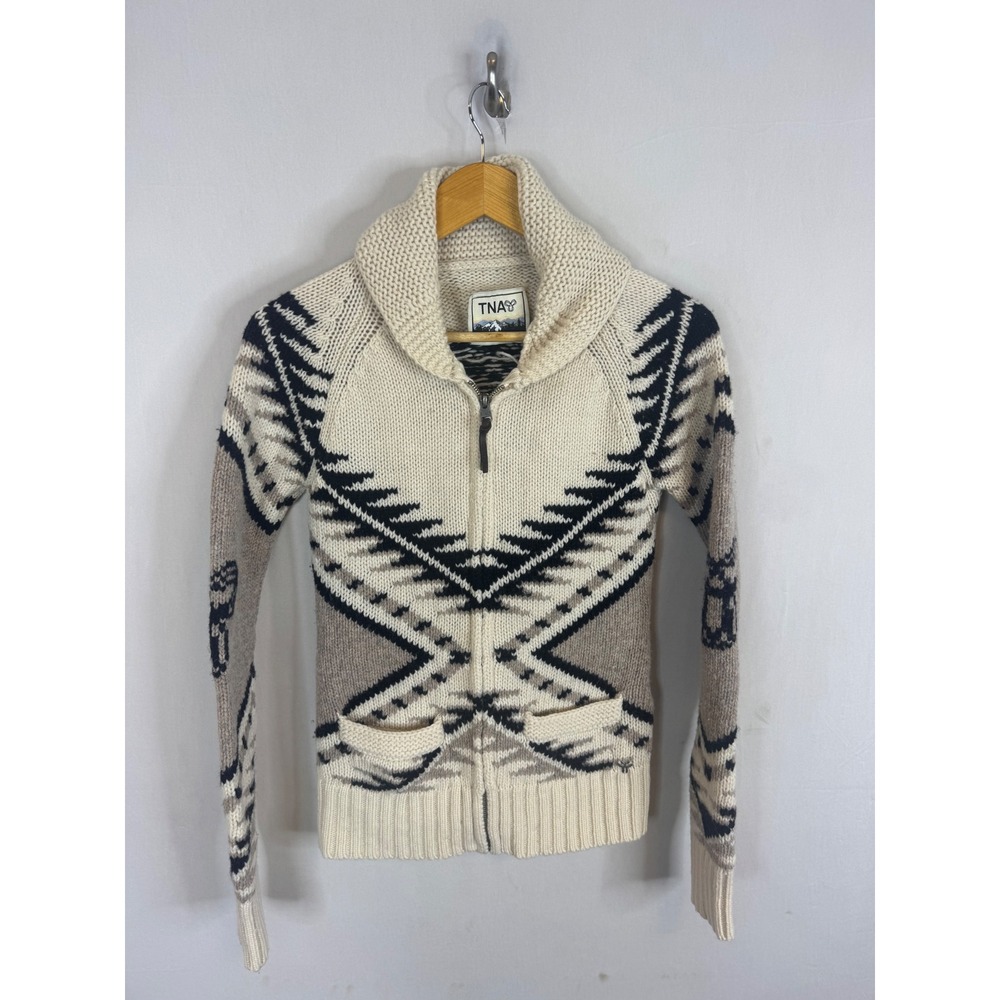 TNA Aritzia Sea-To-Sky Lambswool Zip Up Cowichan Sweater Cream Tan Small